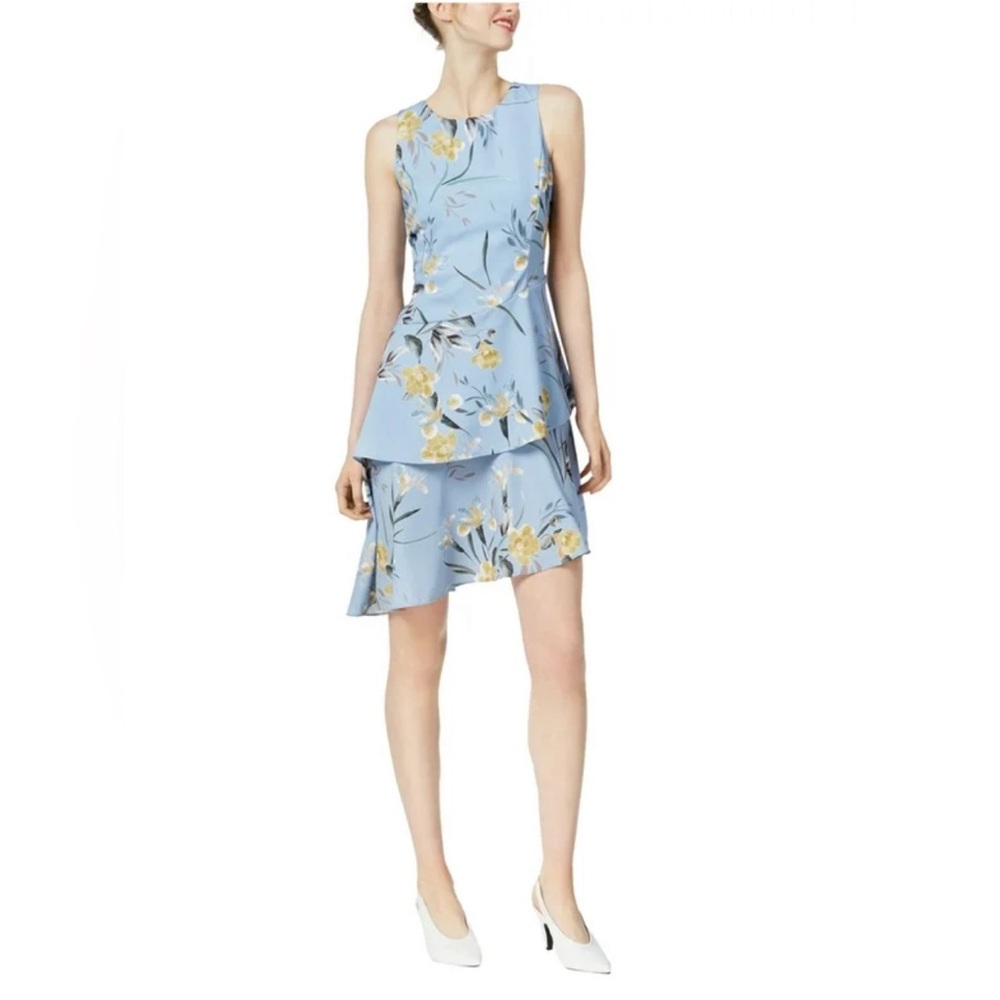 Bar III | Asymmetrical A-Line Tiered Blue Floral Dress Womens Size 6